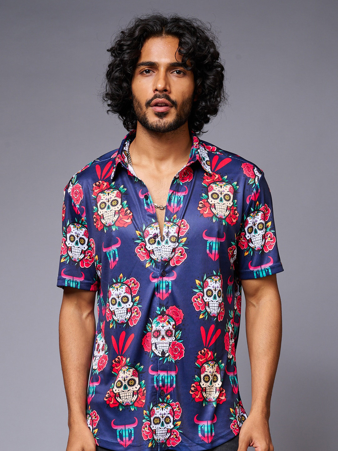 GO DEVIL Skull Printed Spread Collar Casual Shirt