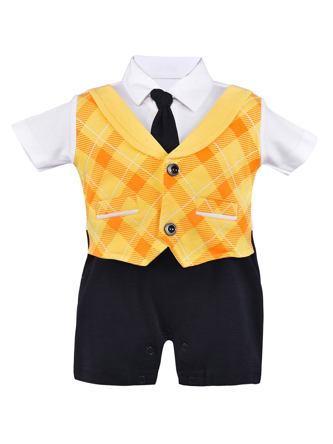 Wish Karo Infants Boys Checked Cotton Rompers With Aattached Waistcoat & Tie