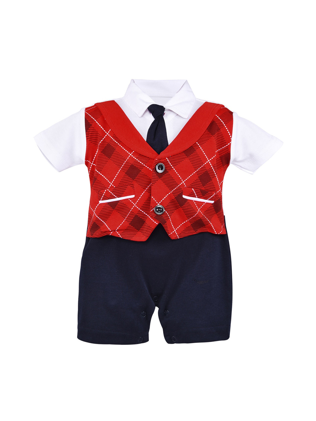 Wish Karo Infants Boys Checked Cotton Romper With Aattached Waistcoat & Tie