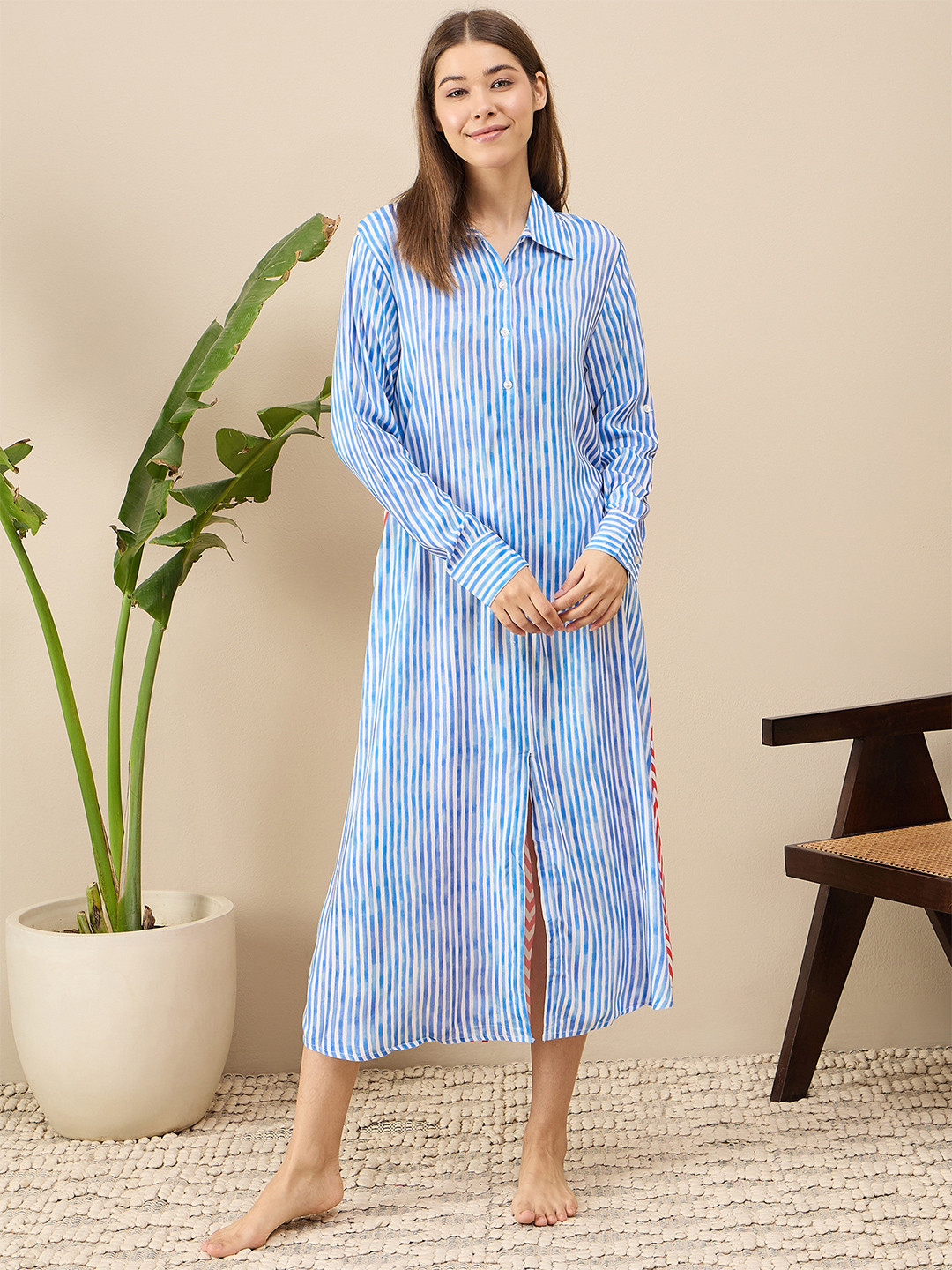 July Striped Shirt Style Night Dress