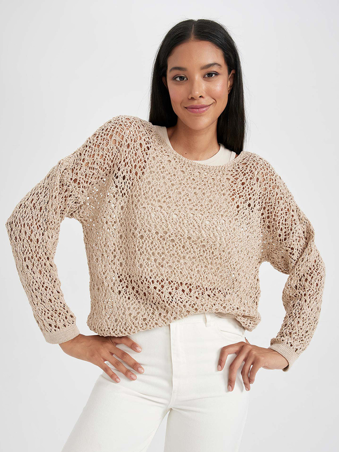 DeFacto Self-Design Round Neck Long Sleeve Sheer Top