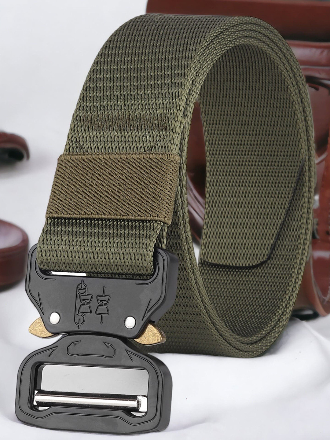 Mast & Harbour Men Olive Green Textured Durable Non-Slip Belt