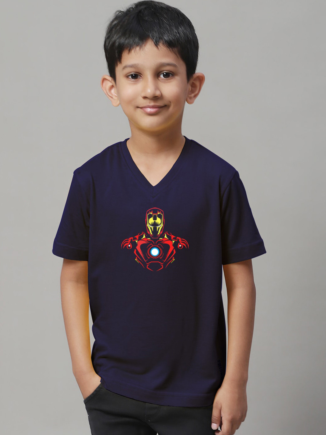 Friskers Boys Iron Man Printed V-Neck Cotton Slim Fit T-shirt