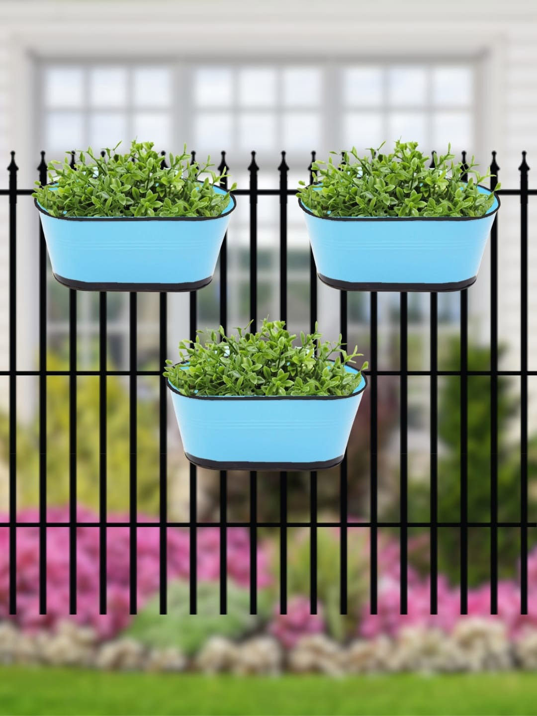 ecofynd Railing Planter Blue Metal Oval Balcony Hanging Planter