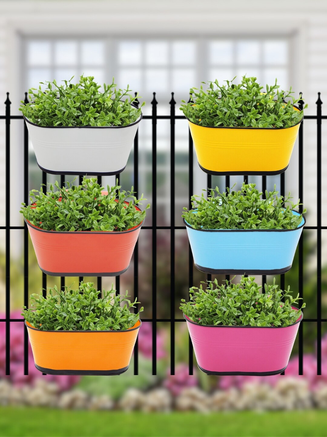 ecofynd Railing Planter Yellow & White 6 Pieces Metal Hanging Planter