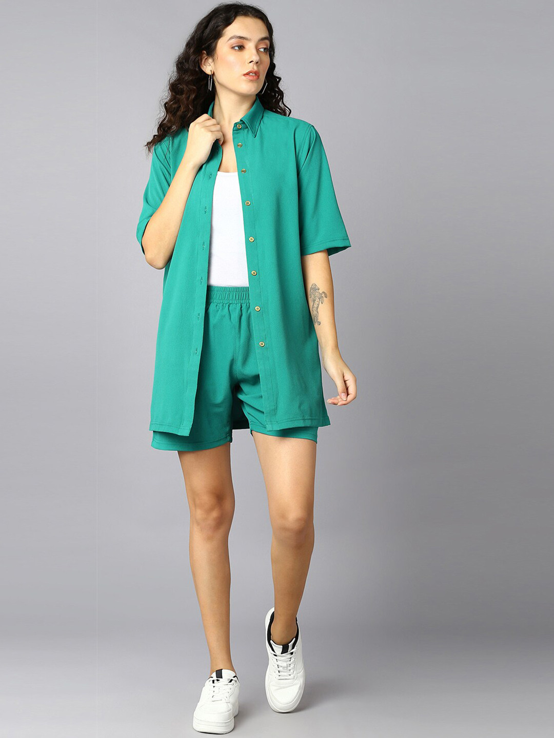 Roadster Green Shirt Collar Regular Shirt With Shorts Co-Ords