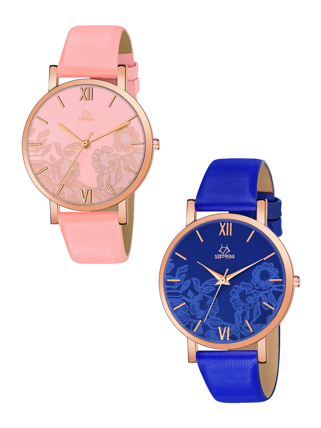 Septem Set of 2 Women Printed Dial Analogue Reset Time Watch SP-118.Blue-Pink-Septem
