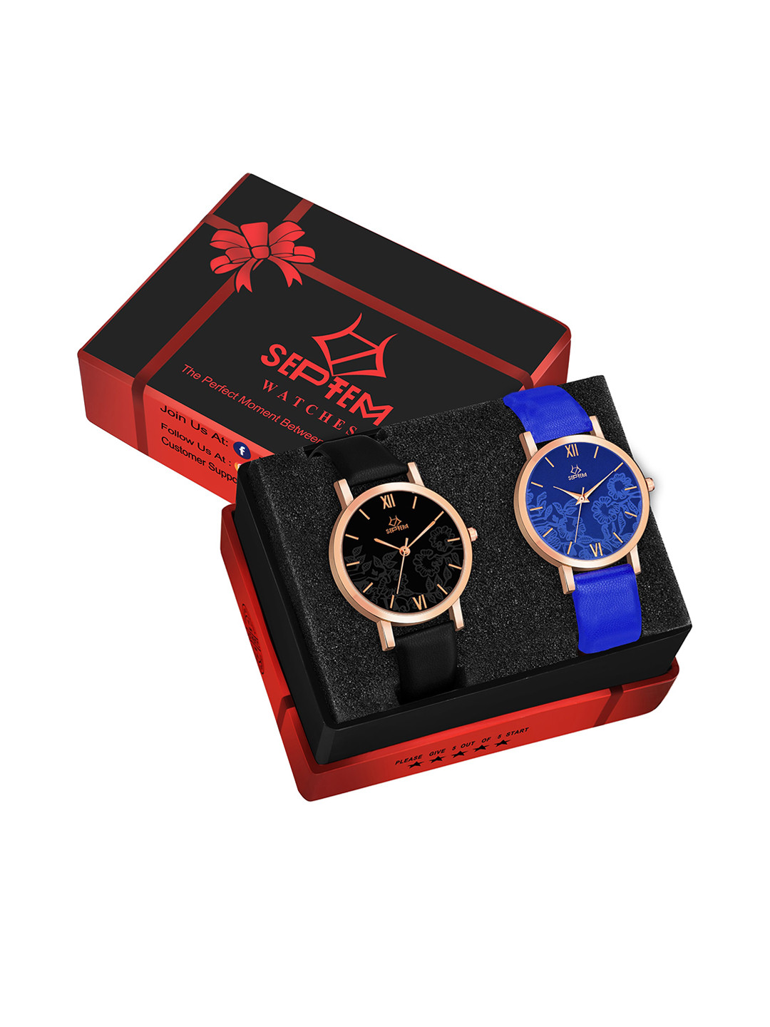 Septem Women Set Of 2 Leather Straps Analogue Watch SP-118.Black-Blue-Septem
