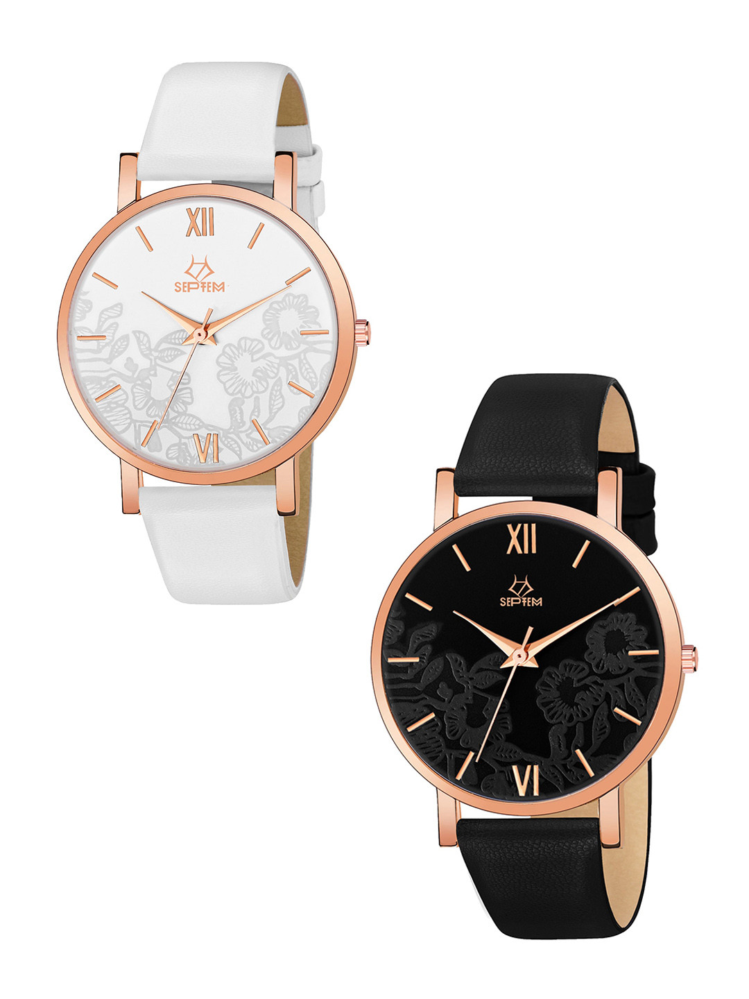 Septem Women Set Of 2 Leather Straps Analogue Watch SP-118.Black-White-Septem