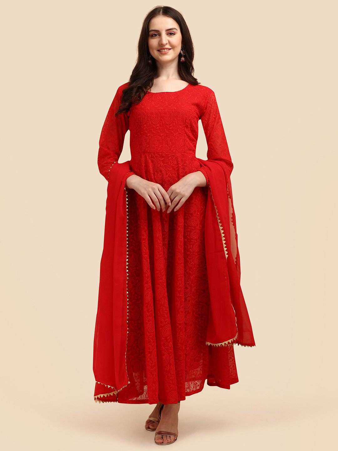 KALINI Ethnic Motif Embroidered Gathered Maxi Dress With Dupatta