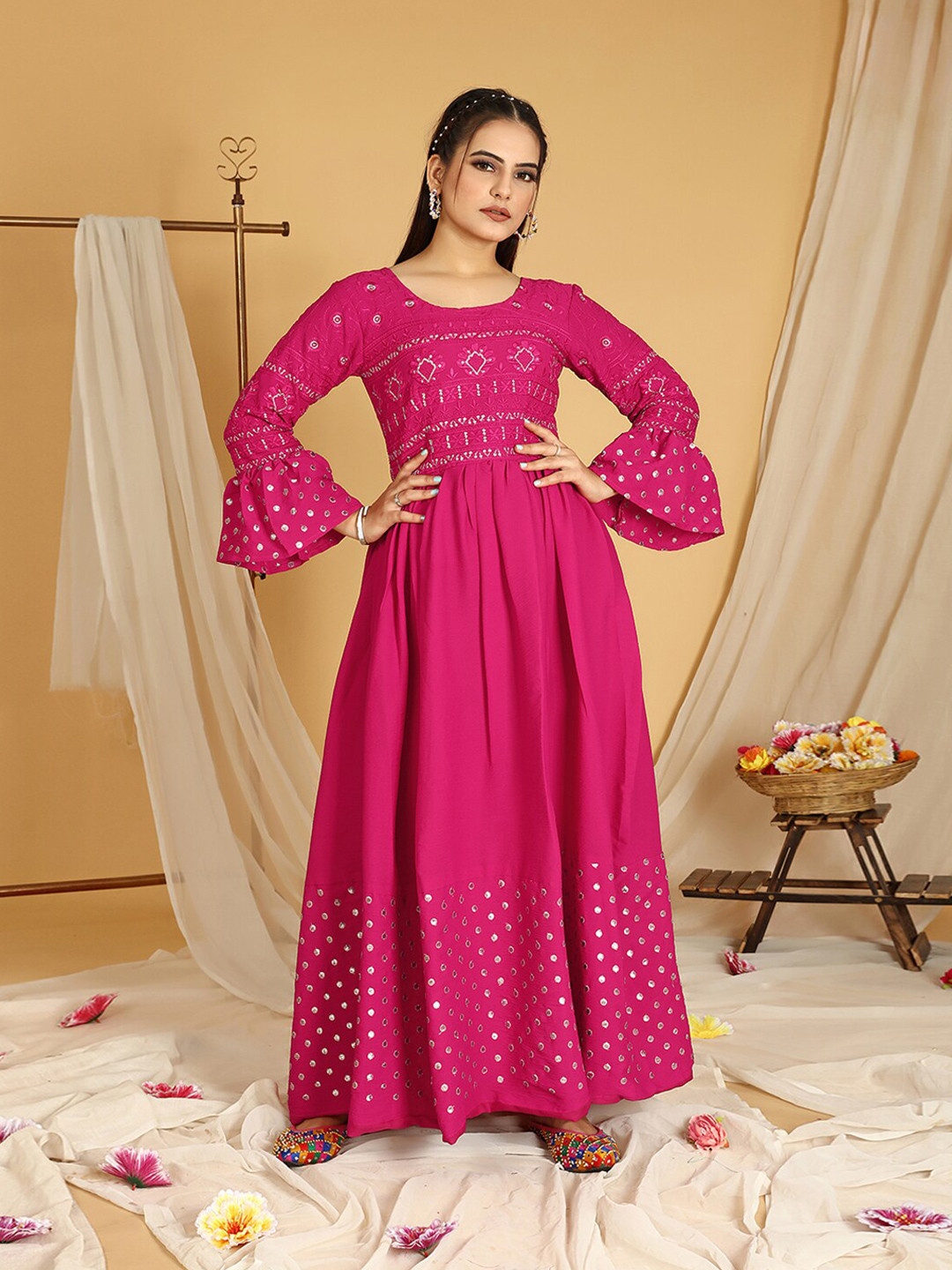 KALINI Ethnic Motifs Embroidered Mirror Work Pleated Georgette Maxi Ethnic Dress