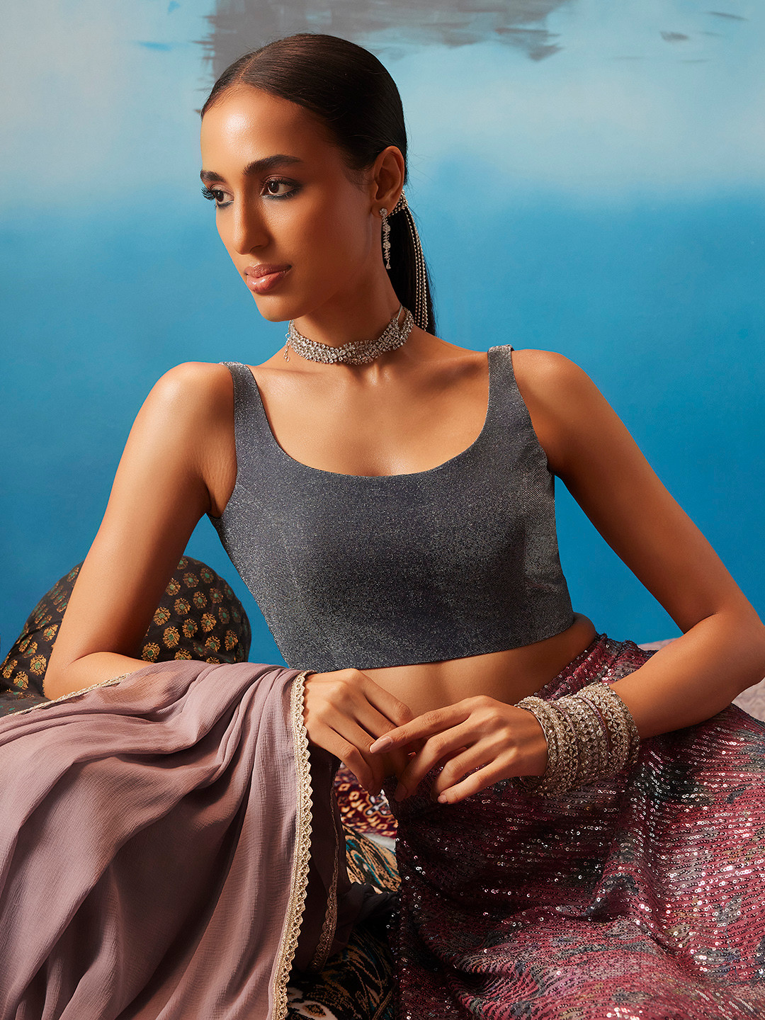 Soch Navy Blue U-Neck Sleeveless Net Saree Blouse