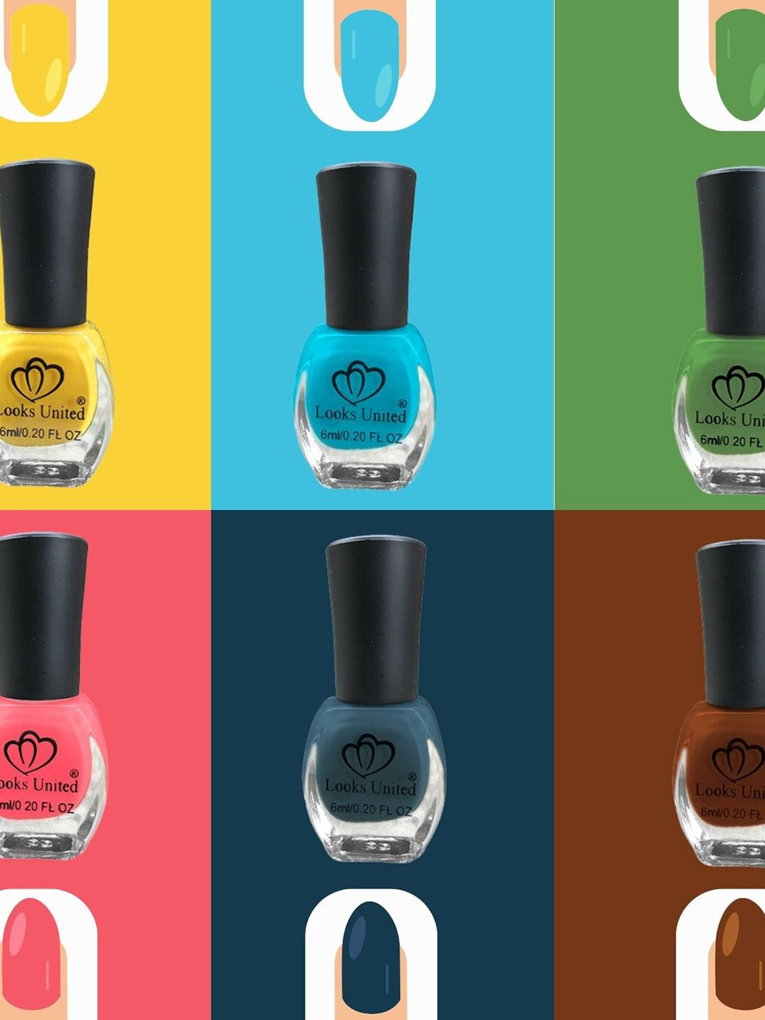 Looks United 6Pcs Smooth Hight Gloss Nail Polish -Yellow-Blue-Green-Pink-Blue-Brown