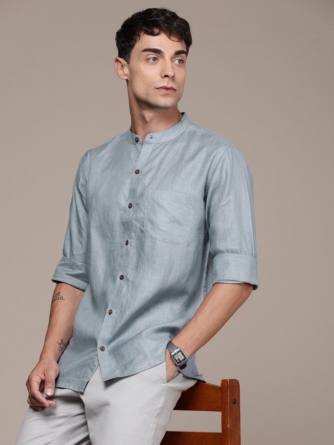 DENNISON Smart Fit Band Collar Opaque Hemp Casual Shirt