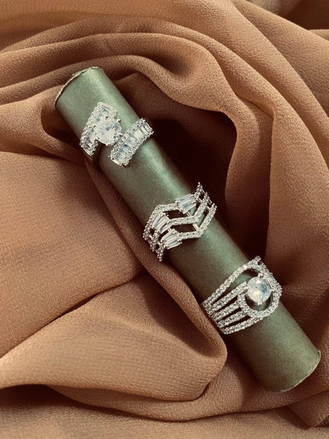 ATIBELLE Set Of 3 Silver-Plated CZ Stone-Studded Layered Adjustable Finger Rings