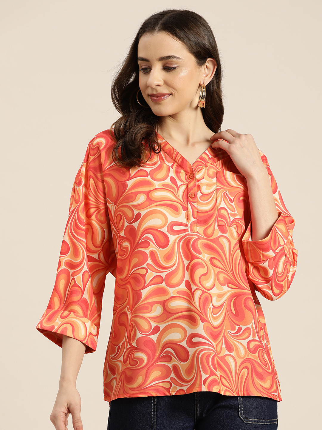 HERE&NOW Abstract Print Mandarin Collar Chest Pocket Detailed Shirt-Style Top
