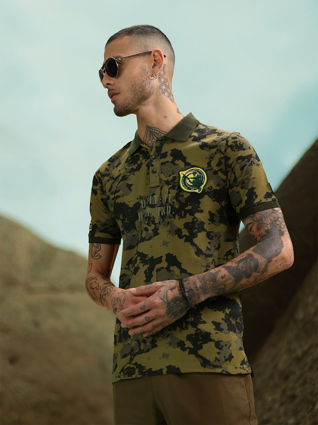 WROGN X Indian Infantry by A47 Camouflage Print Polo Collar  Cotton Slim Fit T-shirt