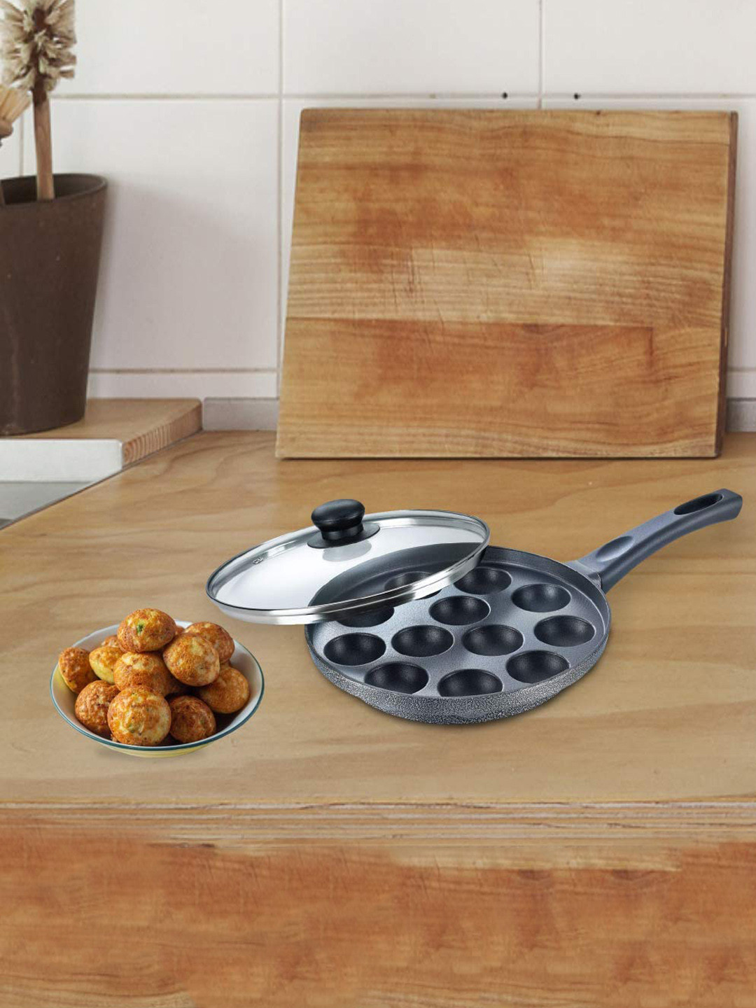 Prestige Omega Select Plus Black Non-Stick Paniyarakkal Pan With Glass Lid-12 Pits