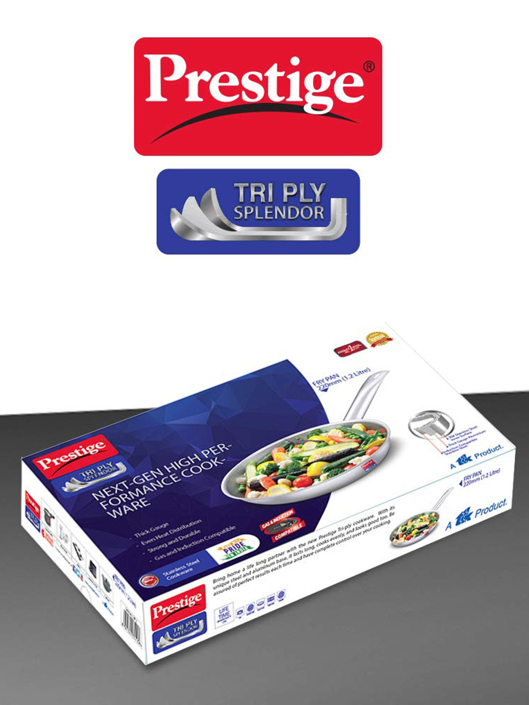 Prestige Tri-ply Splendor Silver Stainless Steel Induction Base Frying Pan-1.2L