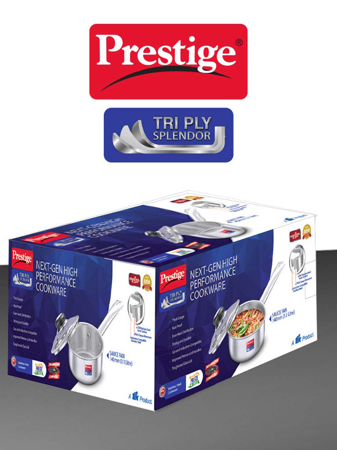 Prestige Tri Ply Splendor Silver Induction Base Sauce Pan With Glass Lid-1.1L