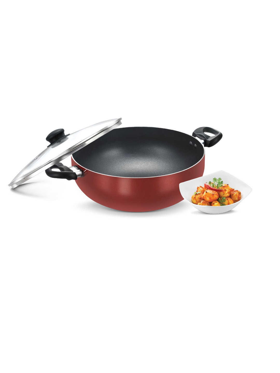 Prestige Omega Deluxe Red Aluminium Non-Stick Deep Kadai With Lid