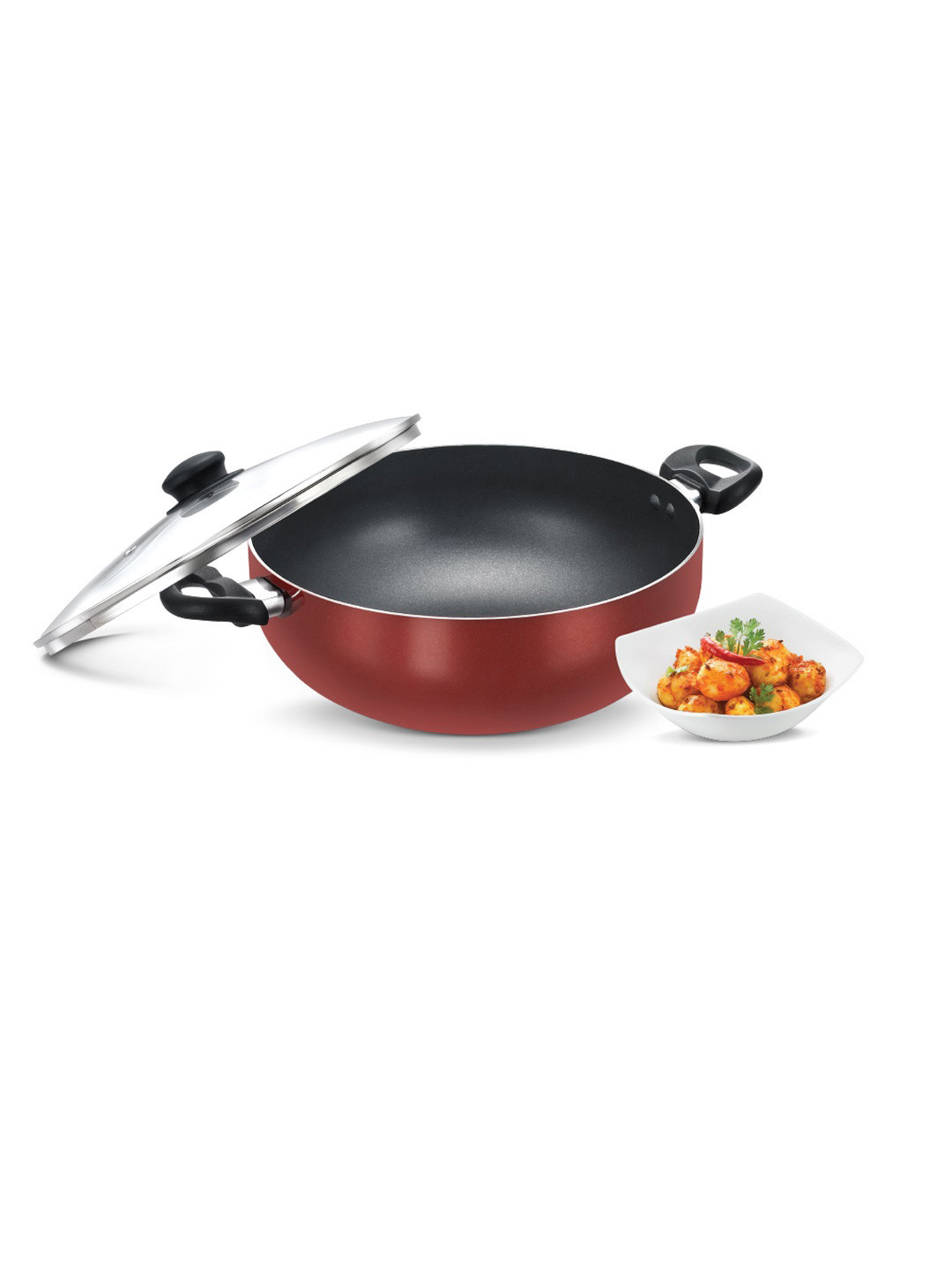 Prestige Omega Deluxe Red Aluminium Non-Stick Deep Kadai With Lid