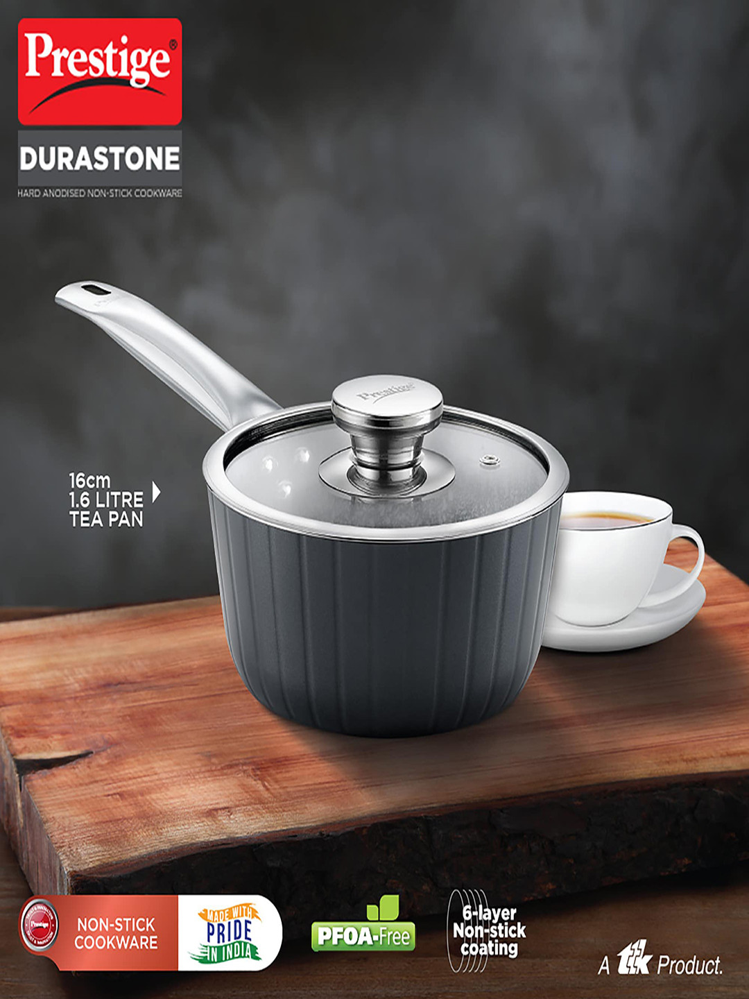 Prestige Durastone Hard Anodised Black Induction Base Sauce Pan With Glass Lid 1.6L