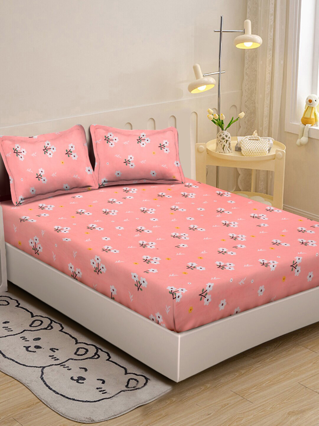 KLOTTHE Pink Floral Cotton 300 TC Single Fine Bedsheet with 2 Pillow Covers-225 x 150 cm