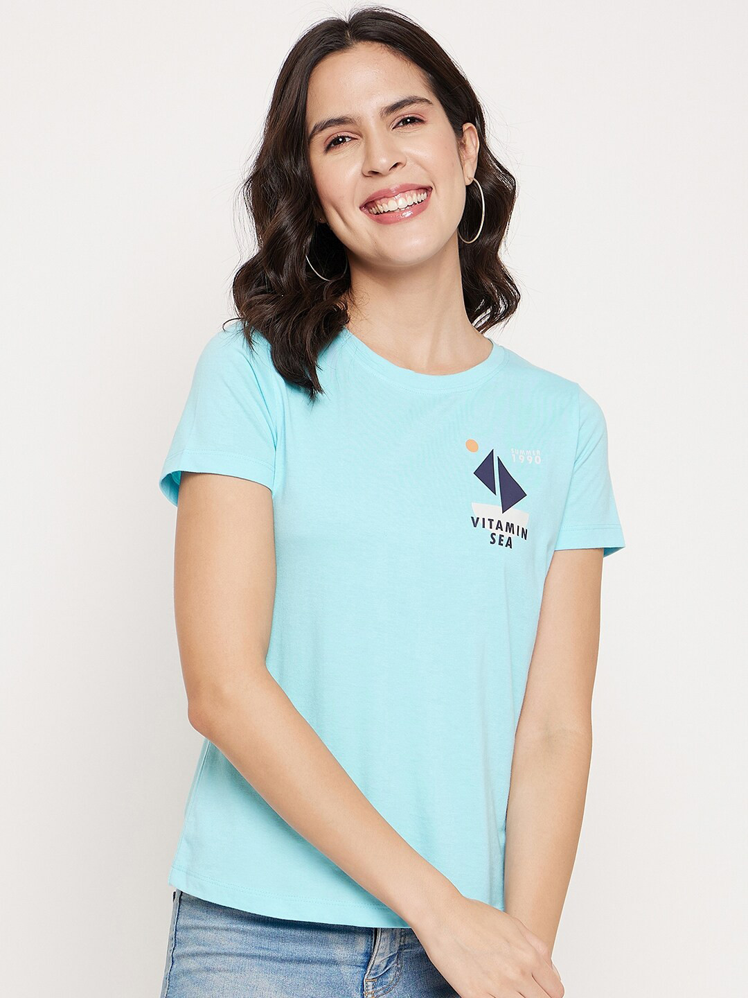 Mast & Harbour Sky Blue Typography Printed Pure Cotton T-shirt