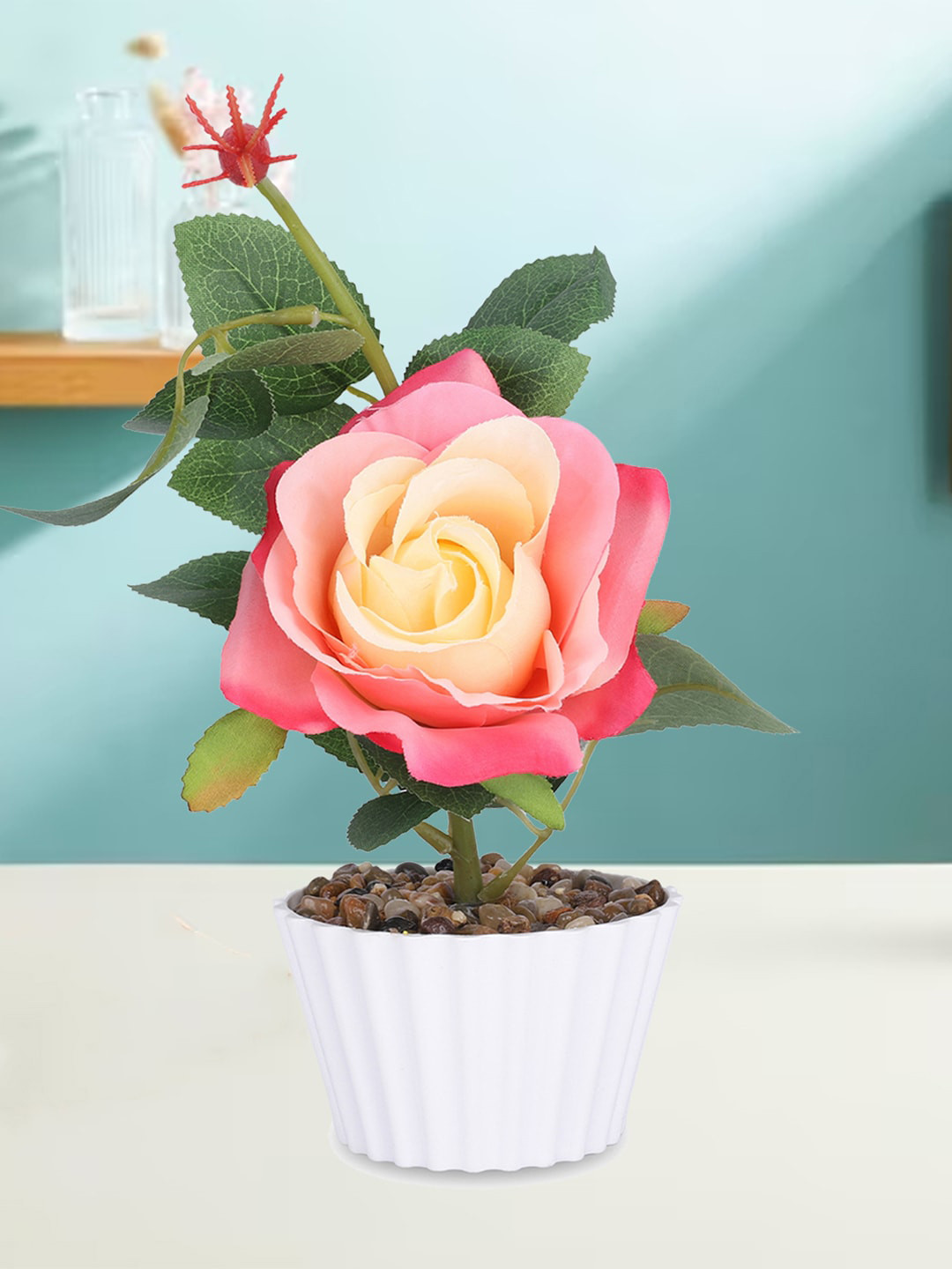 Kuber Industries Peach Green Rose Flower Plant With Pot Home Decoration