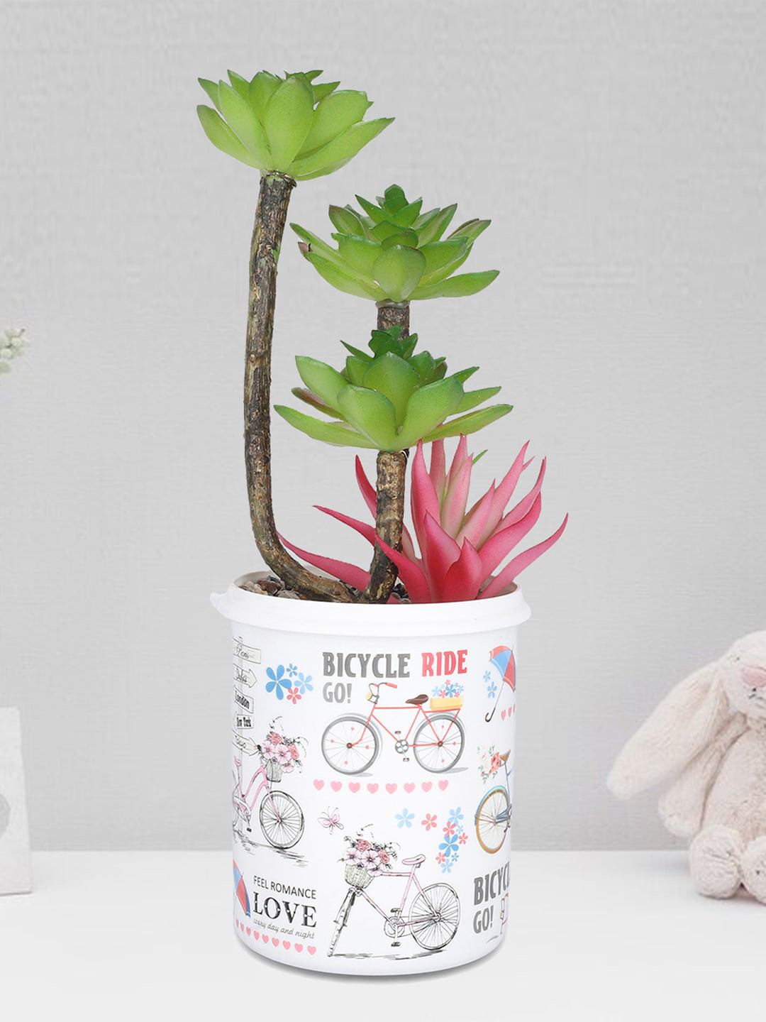 Kuber Industries Green & Pink Artificial Succulent Plant With Pot Faux Plants In Pots
