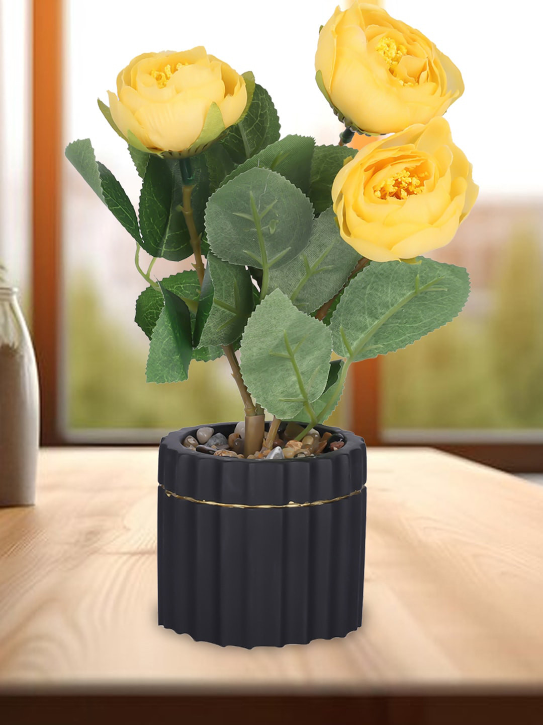 Kuber Industries Yellow & Green Artificial Rose Flower Plant With Pot for office table