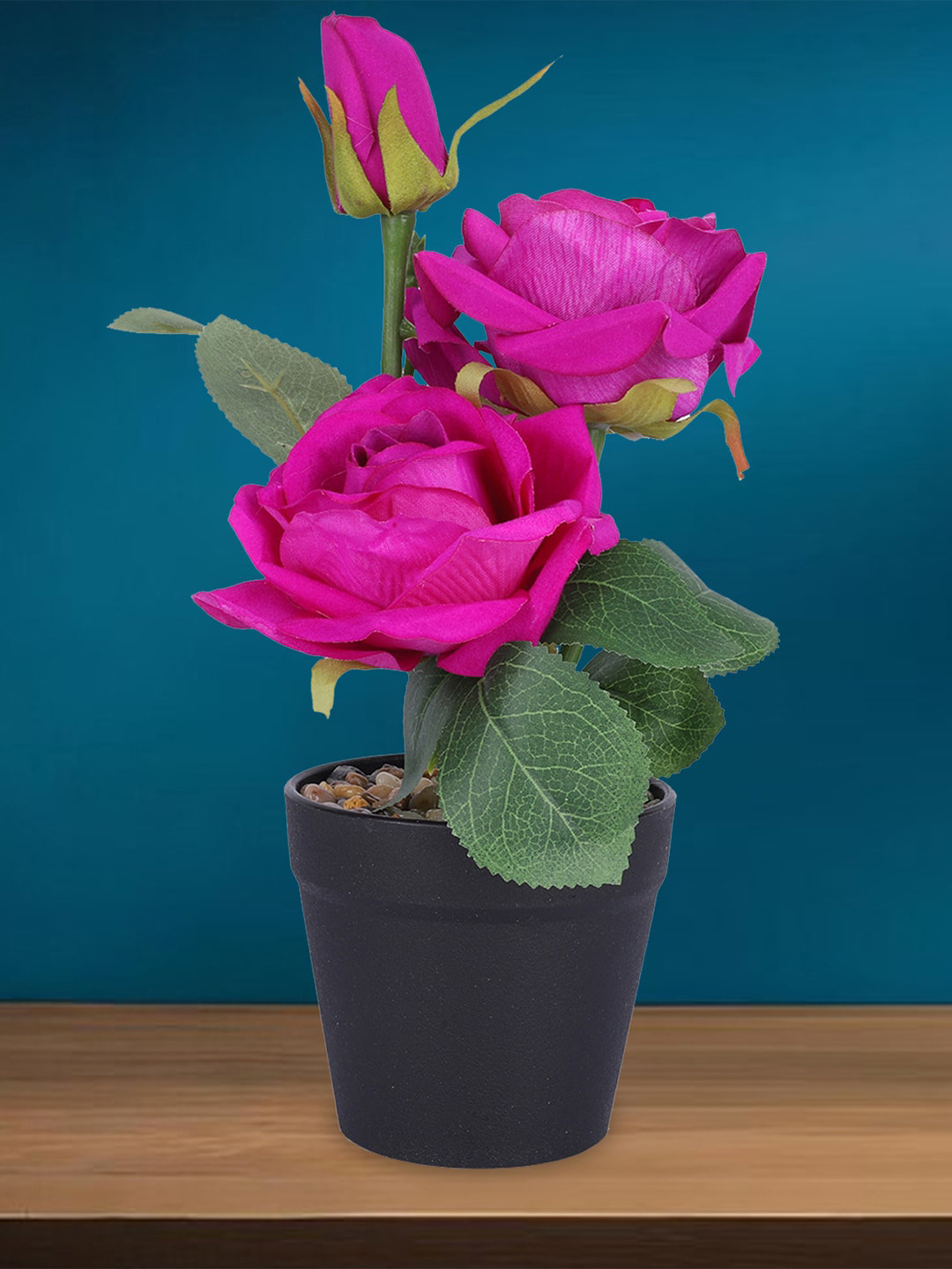 Kuber Industries Pink & Green Artificial Rose Flower Plant With Pot