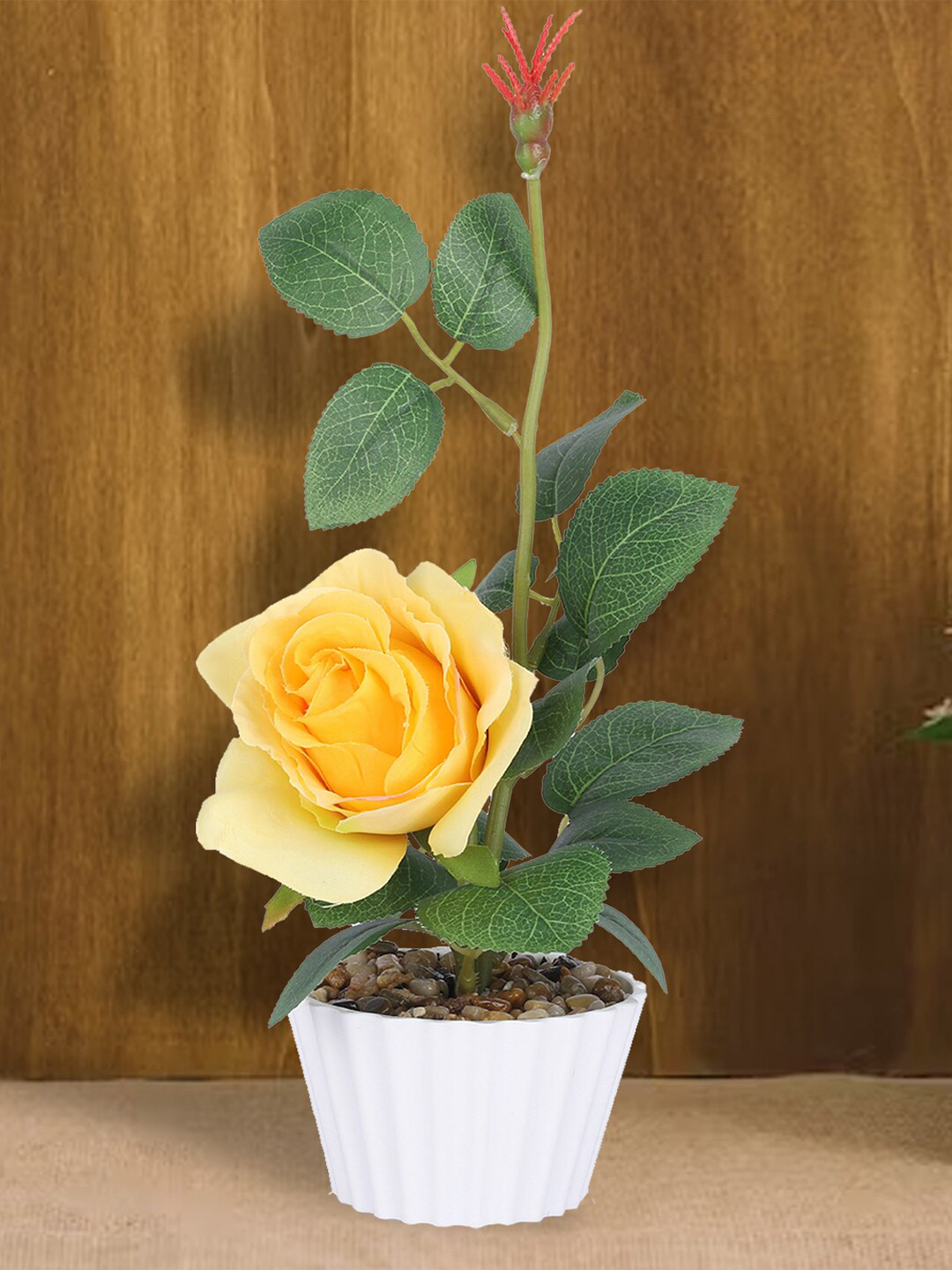 Kuber Industries Yellow & Green Artificial Rose Flower Plant With Pot for dinning table
