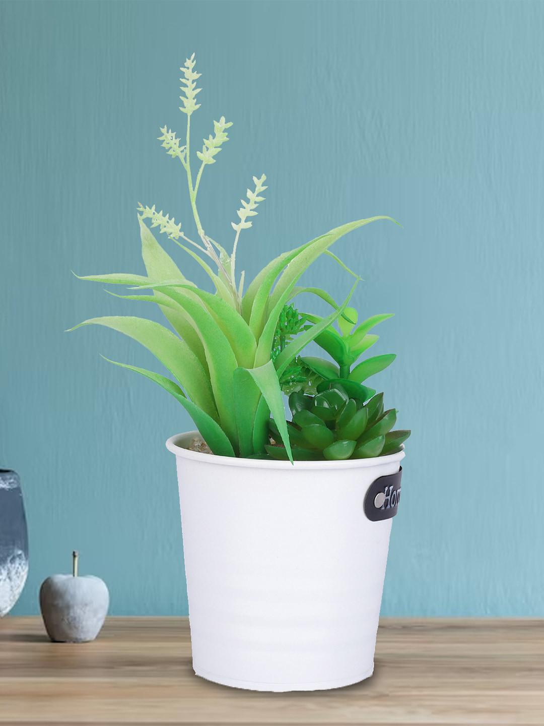 Kuber Industries Green & White Artificial Succulent Plant With Pot For Office Desk Balcony