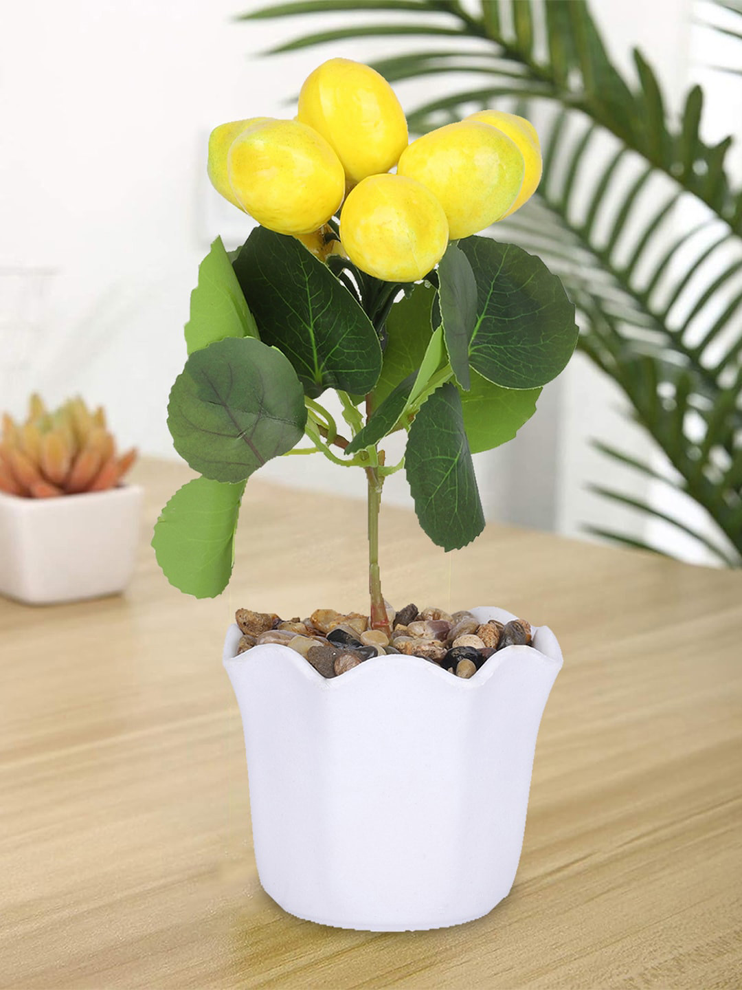 Kuber Industries Yellow & Green Artificial Lemon Bonsai Plant with Pot