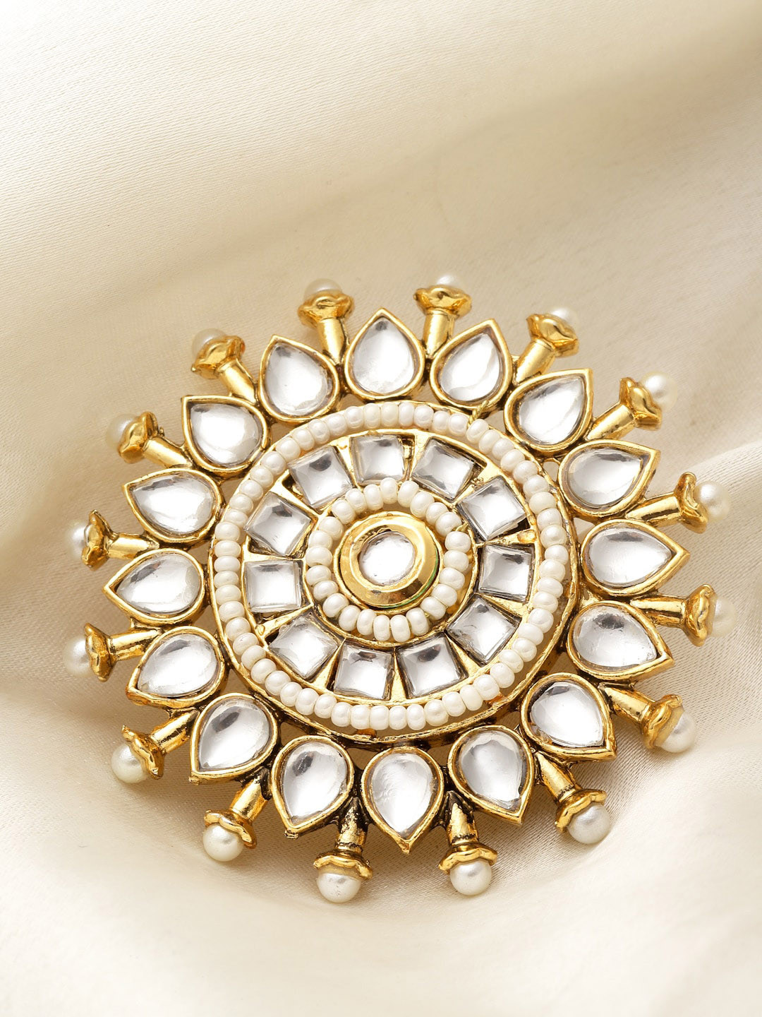 PANASH Gold-Plated Kundan-Solitaire Studded Pearl Beaded Finger Ring