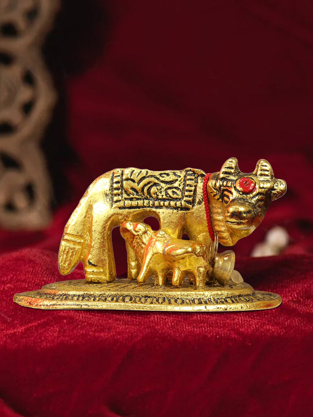 TIED RIBBONS Kamdhenu Cow with Calf Gold Brass Metallic Home Office Small Showpiece - 1.6 Inches