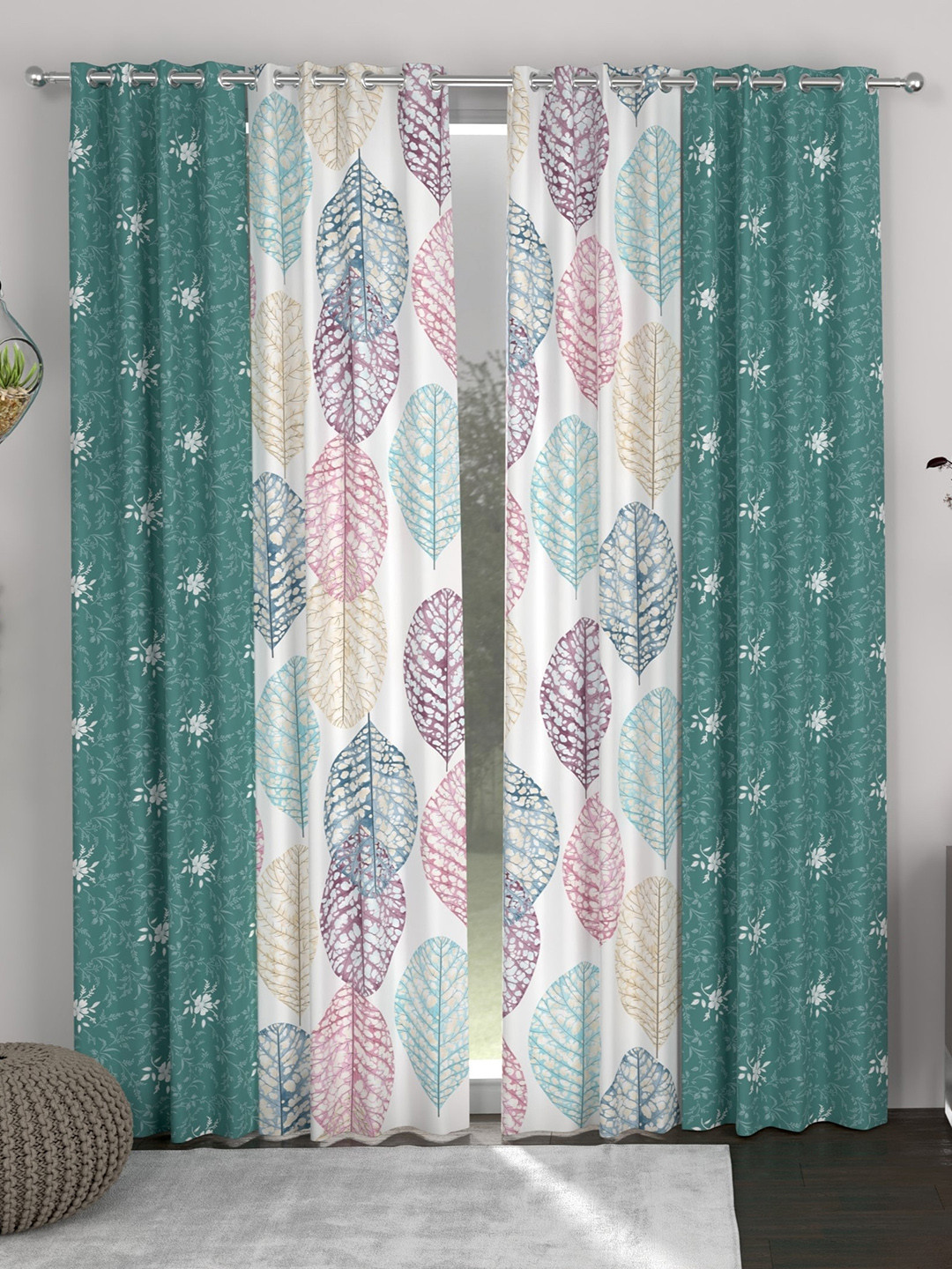CHHAVI INDIA Green & White 4 Pieces Ethnic Motifs Sheer Door Curtains