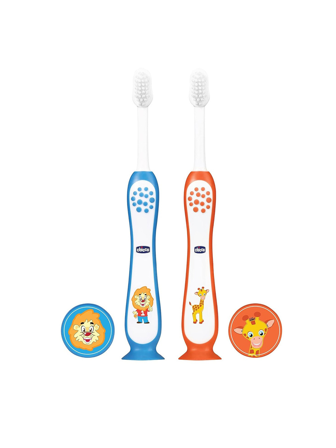 Chicco Kids 2Pcs Cartoon Printed Toothbrush with Head Cover - Orange & Blue