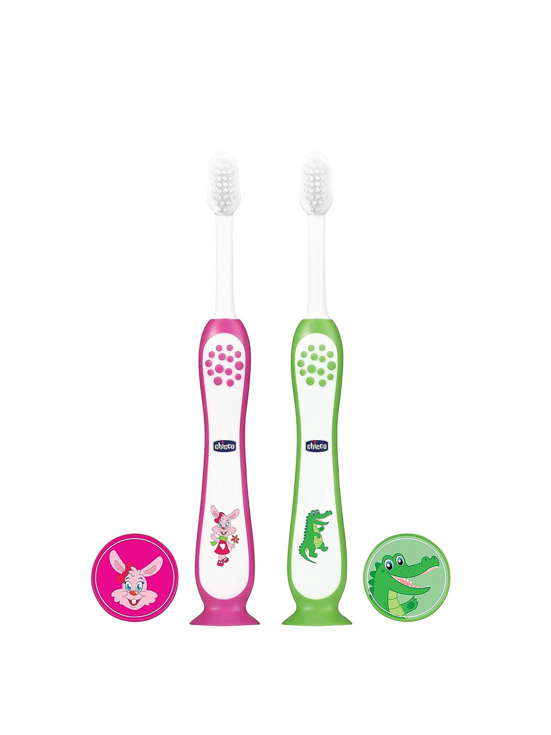 Chicco Kids 2Pcs Cartoon Printed Toothbrush with Head Cover - Pink & Green