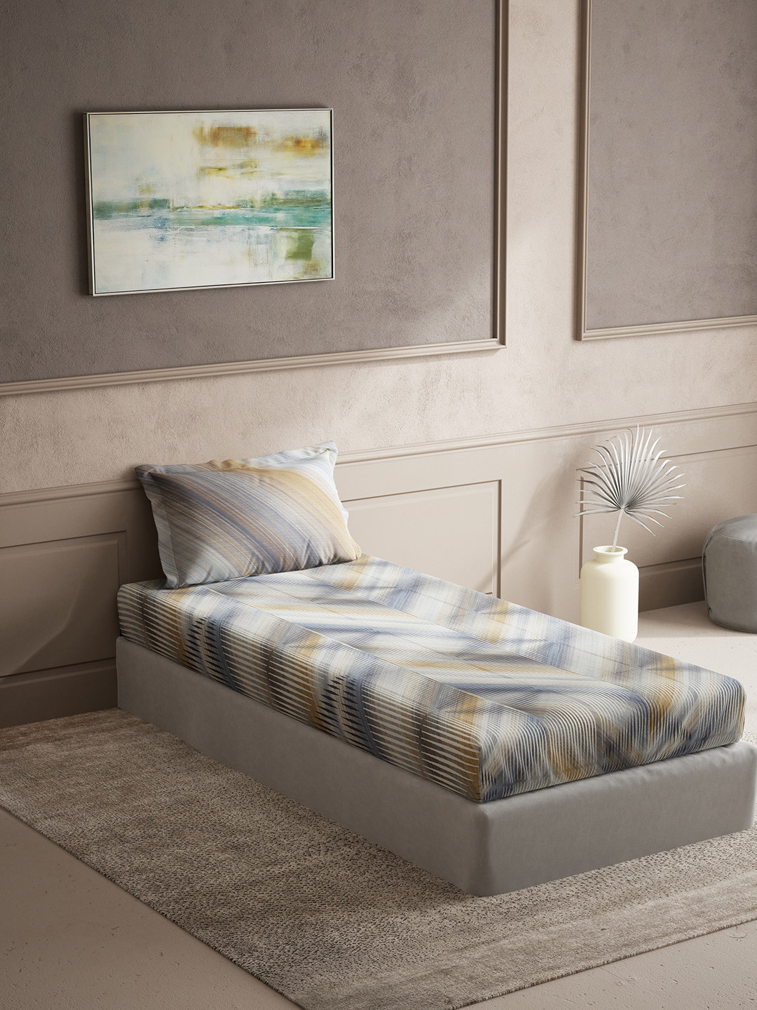 DDecor Blue Abstract Cotton 140 TC Single Bedsheet with a Pillow Cover-60 x 88 inches