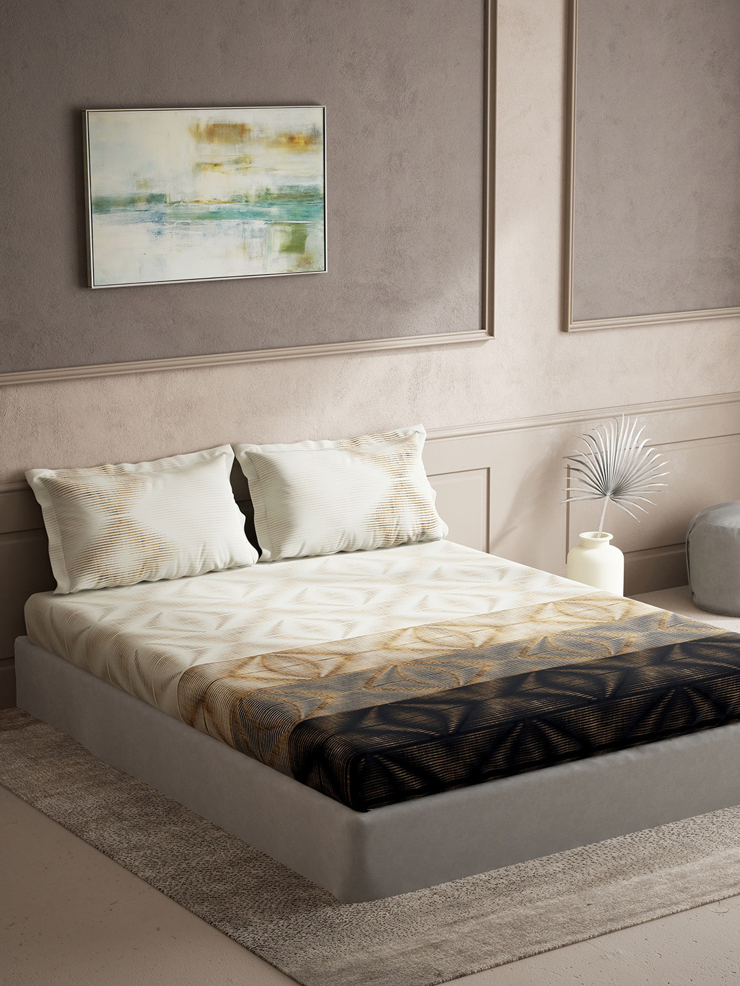 DDecor Live Beautiful Brown Geometric Cotton 140 TC King Bedsheet with 2 Pillow Covers-108 x 108 inches