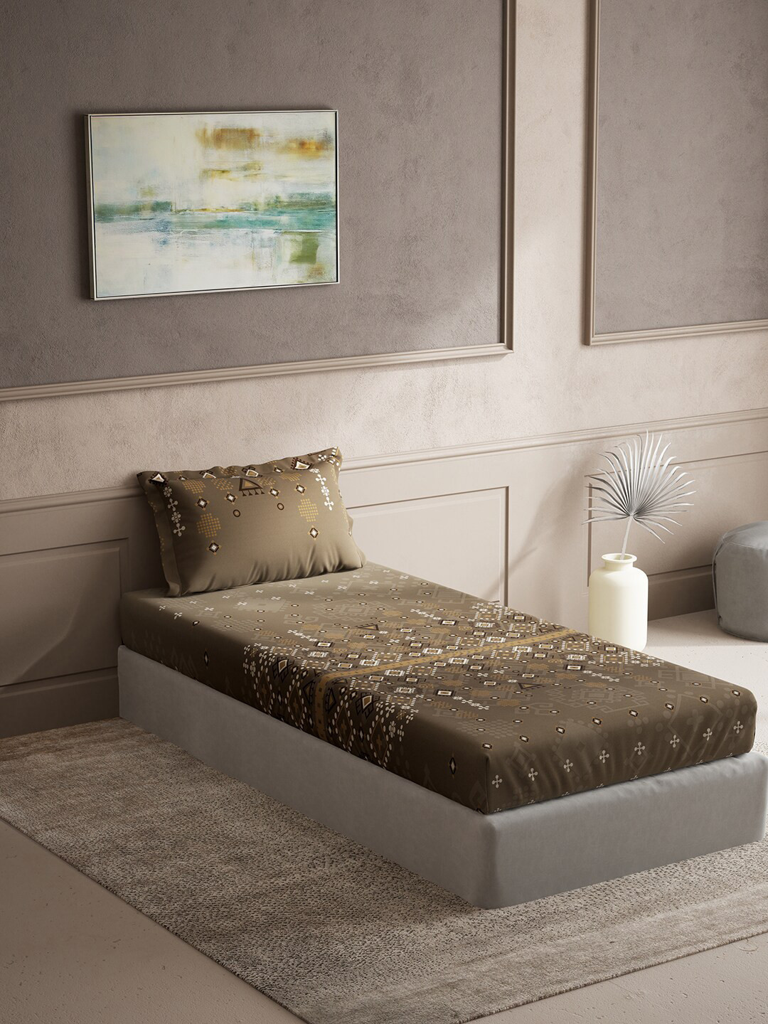 DDecor Live Beautiful Brown Ethnic Motifs Cotton 150 TC Single Bedsheet with a Pillow Cover-60 x 88 inches