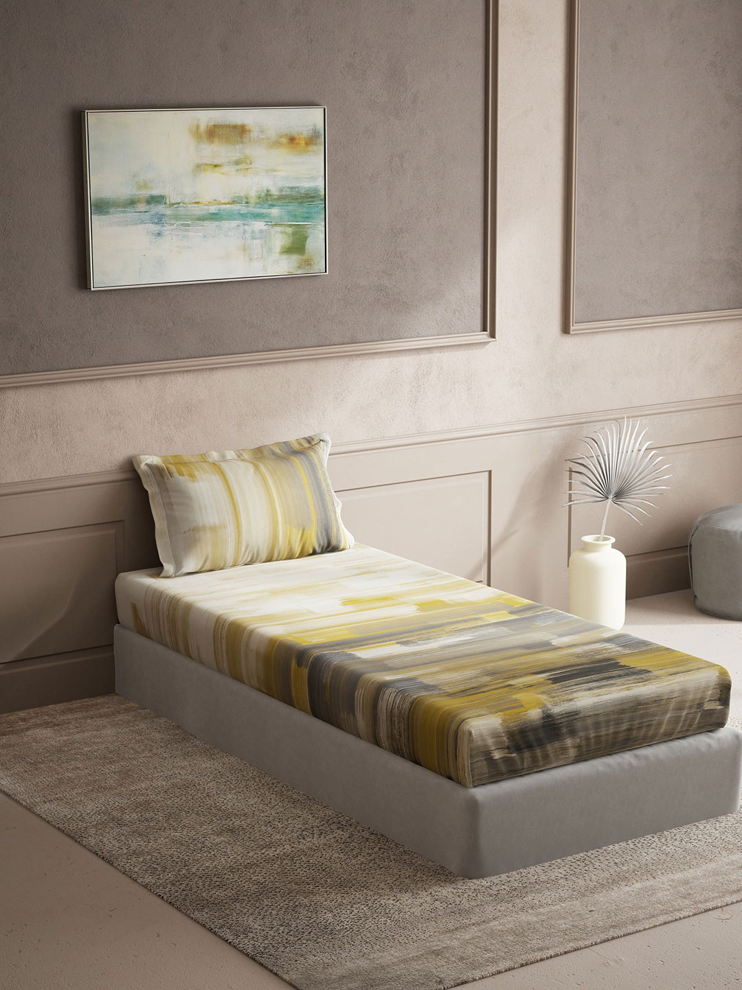 DDecor Live Beautiful Yellow Abstract Cotton 150 TC Single Bedsheet with a Pillow Cover-60 x 88 inches