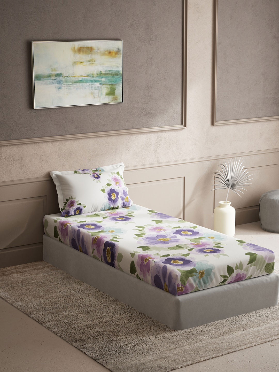 DDecor Live Beautiful Purple Floral Cotton 150 TC Single Bedsheet with a Pillow Cover-88 x 60 inches
