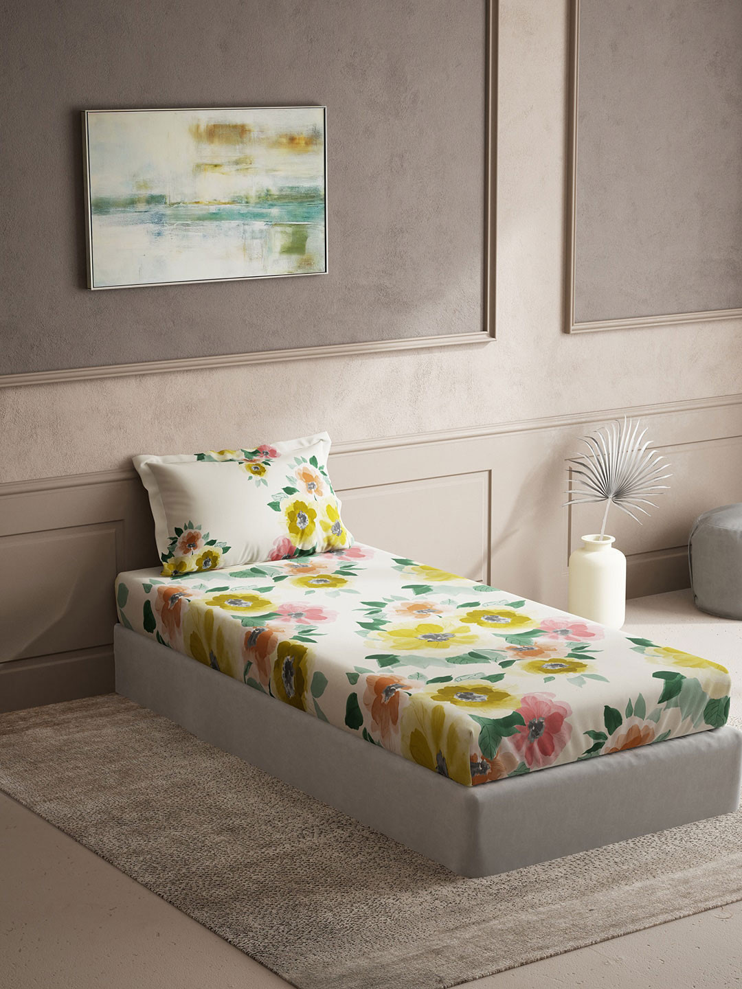 DDecor Live Beautiful Yellow Floral Cotton 150 TC Double Bedsheet with a Pillow Cover-60 x 88 inches