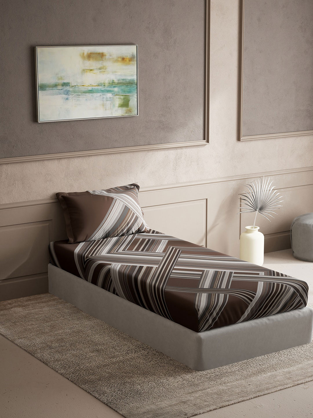 DDecor Brown Abstract Cotton 150 TC Single Bedsheet with a Pillow Cover-60 x 88 inches