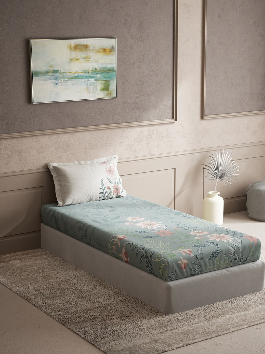 DDecor Live Beautiful Green Floral Cotton 150 TC Single Bedsheet with a Pillow Cover-60 x 88 inches