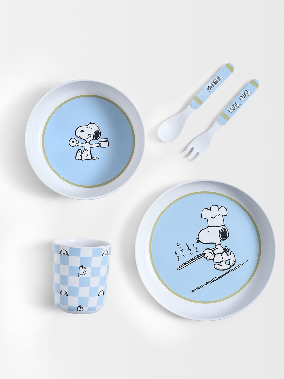 MiArcus Peanuts Snoopy Print 100% Melamine Dinner Set,Pk of 5, Plate,Bowl,Glass,Fork,Spoon